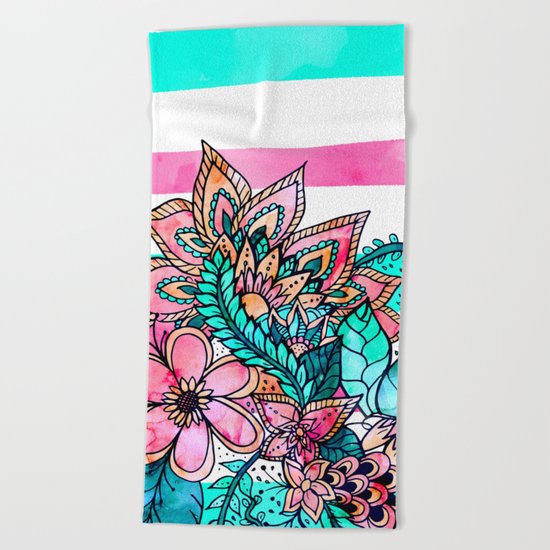 Floral watercolor modern pink teal stripes Beach Towel