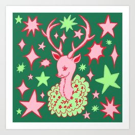 Retro Christmas Deer Art Print