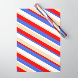 [ Thumbnail: Red, Royal Blue, White & Tan Colored Lined Pattern Wrapping Paper ]