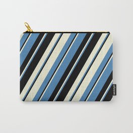 [ Thumbnail: Beige, Blue & Black Colored Pattern of Stripes Carry-All Pouch ]
