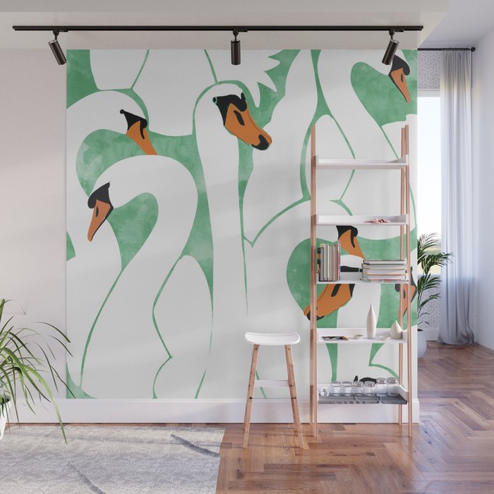 Swans, Colorful Wildlife Birds Painting, Jungle Pond Forest Animals Wild Illustration Wall Mural