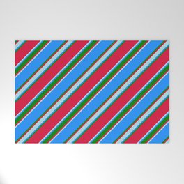 [ Thumbnail: Crimson, Powder Blue, Blue & Green Colored Pattern of Stripes Welcome Mat ]