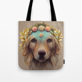 Golden Retriever with Flower Crown Portrait Tote Bag