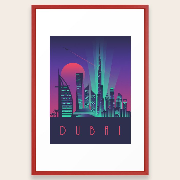 Dubai City Skyline Retro Art Deco Tourism - Night Framed ...