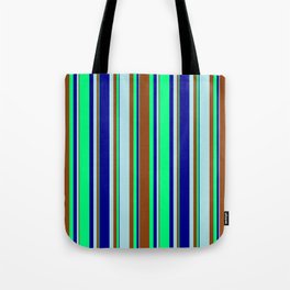 [ Thumbnail: Dark Blue, Green, Brown, and Powder Blue Colored Lines/Stripes Pattern Tote Bag ]