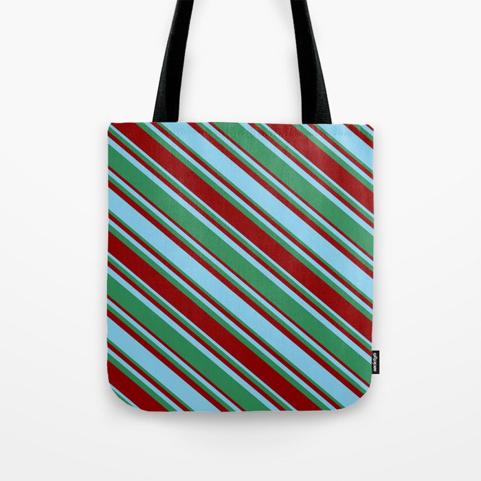 Sky Blue, Sea Green, and Dark Red Colored Lined/Striped Pattern Tote Bag