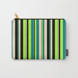 [ Thumbnail: Light Green, Teal, Bisque & Black Colored Lined/Striped Pattern Carry-All Pouch ]