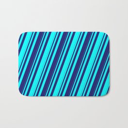 [ Thumbnail: Cyan & Midnight Blue Colored Stripes/Lines Pattern Bath Mat ]