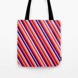 [ Thumbnail: Pink, Coral, Red, and Dark Blue Colored Pattern of Stripes Tote Bag ]
