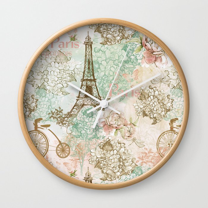 I love Paris - Vintage Shabby Chic - Eiffeltower France Flowers Floral Wall Clock