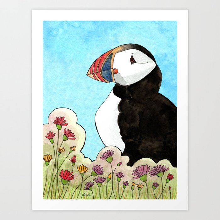 PUFFIN WITH FLOWERS LISETTE AND HER BIRD WATCHING EXPERIENCE Art Print