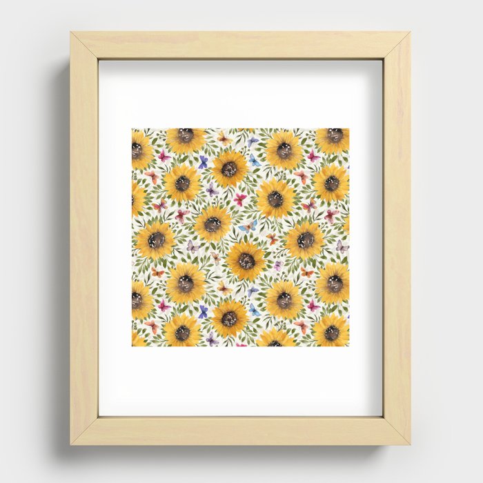 Watercolor Sunflowers and Butterflies | Golden Summer Floral Recessed Framed Print