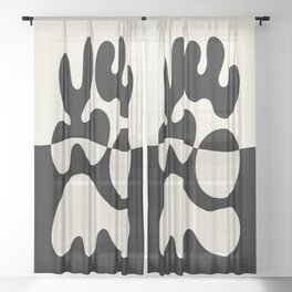 Mid Century Modern Organic Abstraction 235 Black and Ivory White Sheer Curtain