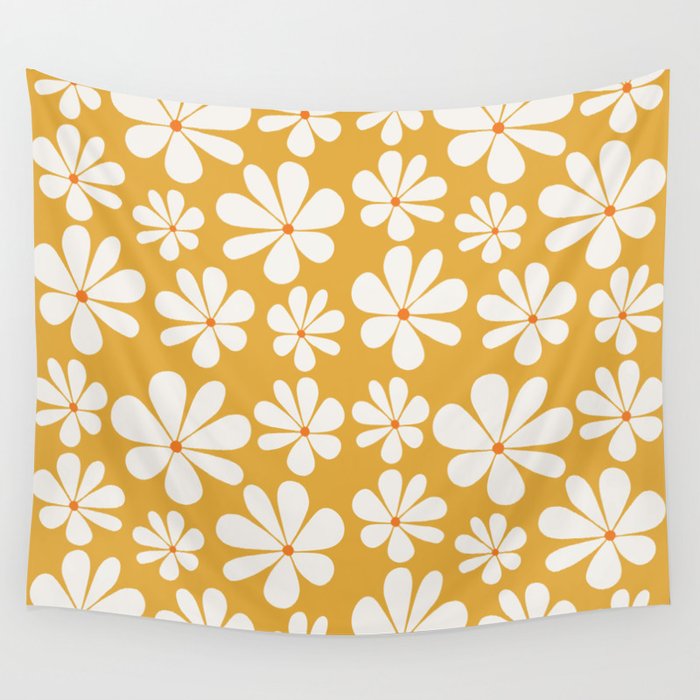 Retro Daisy Pattern - Golden Yellow Bold Floral Wall Tapestry