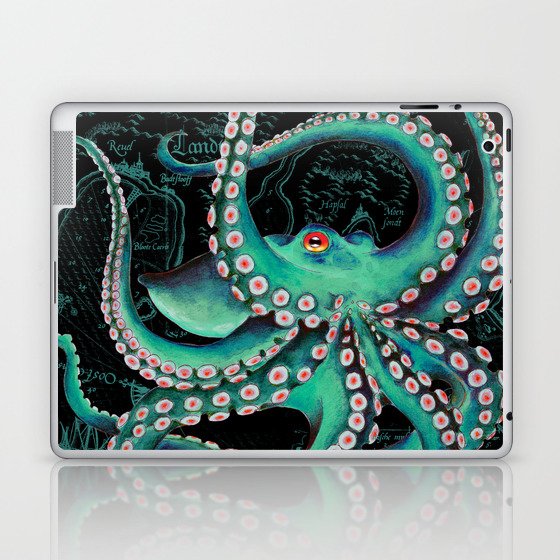 Teal Octopus Watercolor Vintage Map Dance Laptop & iPad Skin