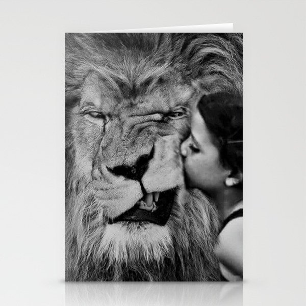 Grouchy Lion being kissed by brunette girl black and white photography Stationery Cards