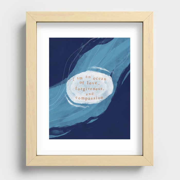Watercolor Self Love Affirmation, Mantra | Ocean Blue Poetry Art Recessed Framed Print