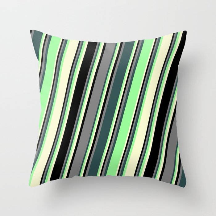 Colorful Grey, Dark Slate Gray, Green, Light Yellow, and Black Colored Striped Pattern Throw Pillow