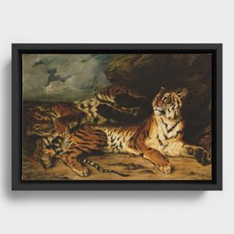 A Young Tiger Playing with Its Mother - Eugène Delacroix Framed Canvas