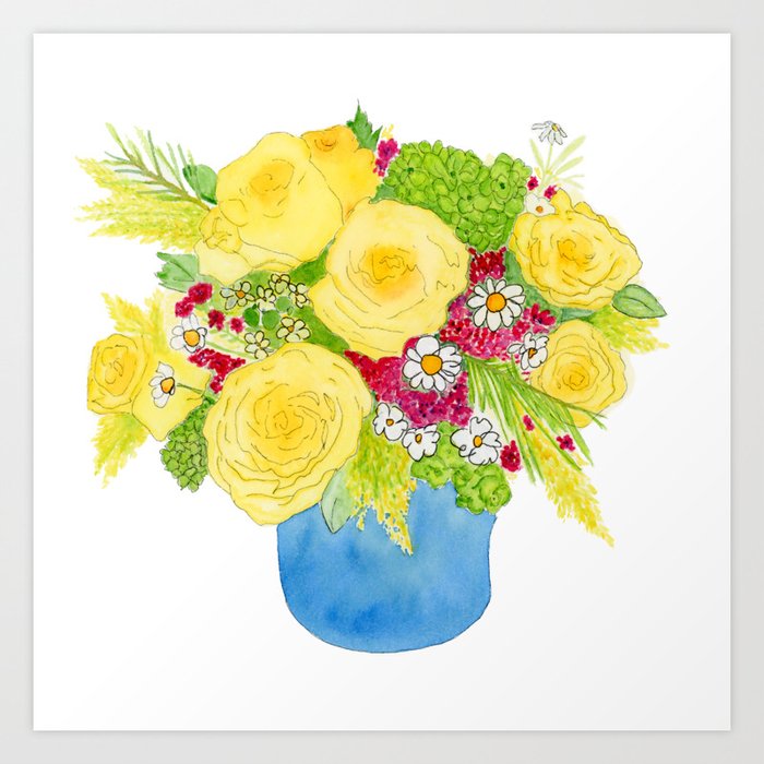 Yellow Rose Arrangement in Blue Vase Art Print