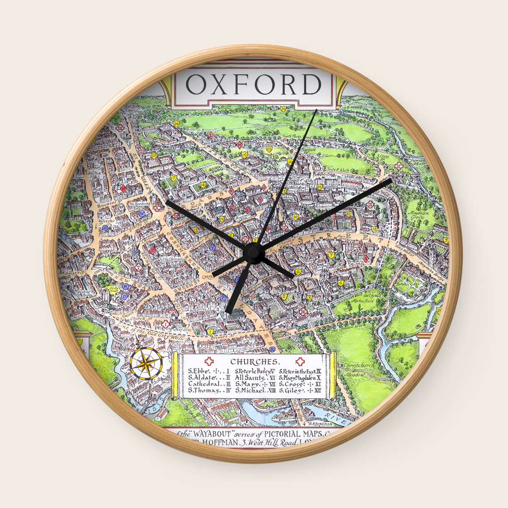 Oxford University Map England Dorm Decor Wall Clock By
