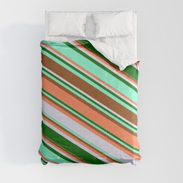 [ Thumbnail: Eyecatching Brown, Coral, Lavender, Dark Green & Aquamarine Colored Lines Pattern Comforter ]