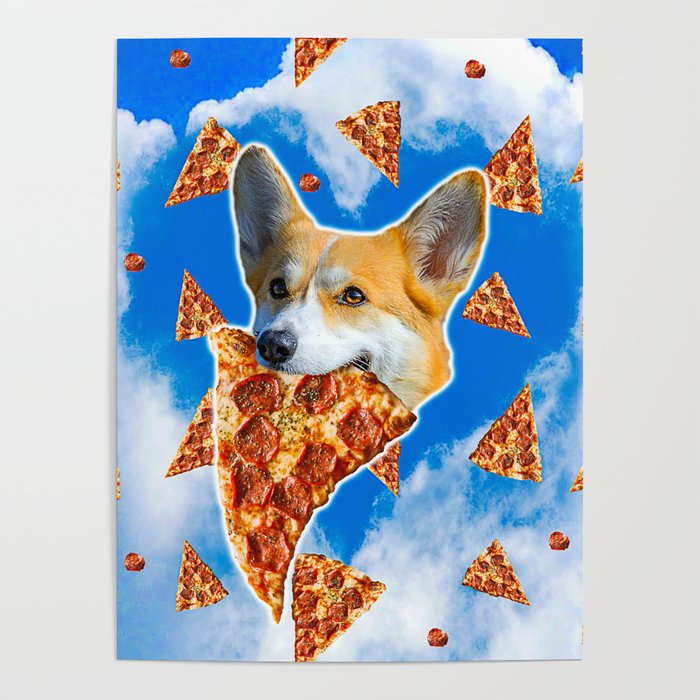 Corgi Dog Eating Pizza - Love Heart Clouds Poster