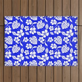 Blue and White Hibiscus Aloha Hawaiian Flower Blooms and Tropical Banana Leaves Pattern Outdoor Rug