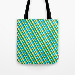 [ Thumbnail: Deep Sky Blue, Tan & Forest Green Colored Striped Pattern Tote Bag ]