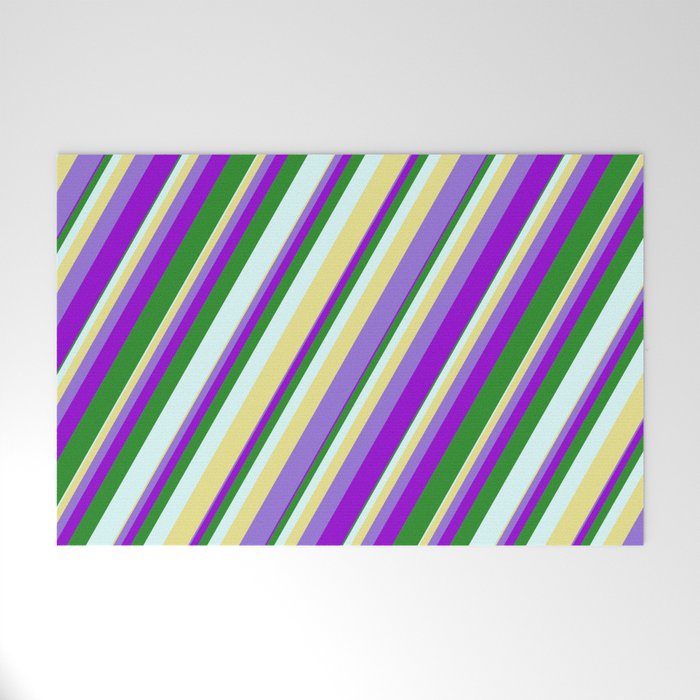 Vibrant Tan, Purple, Dark Violet, Forest Green & Light Cyan Colored Stripes Pattern Welcome Mat