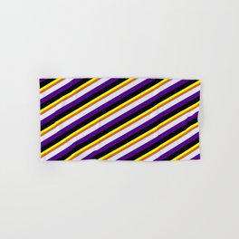 [ Thumbnail: Yellow, Chocolate, Lavender, Indigo, and Black Colored Lined Pattern Hand & Bath Towel ]