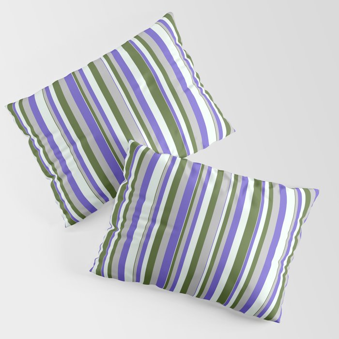 Grey, Slate Blue, Mint Cream & Dark Olive Green Colored Stripes/Lines Pattern Pillow Sham