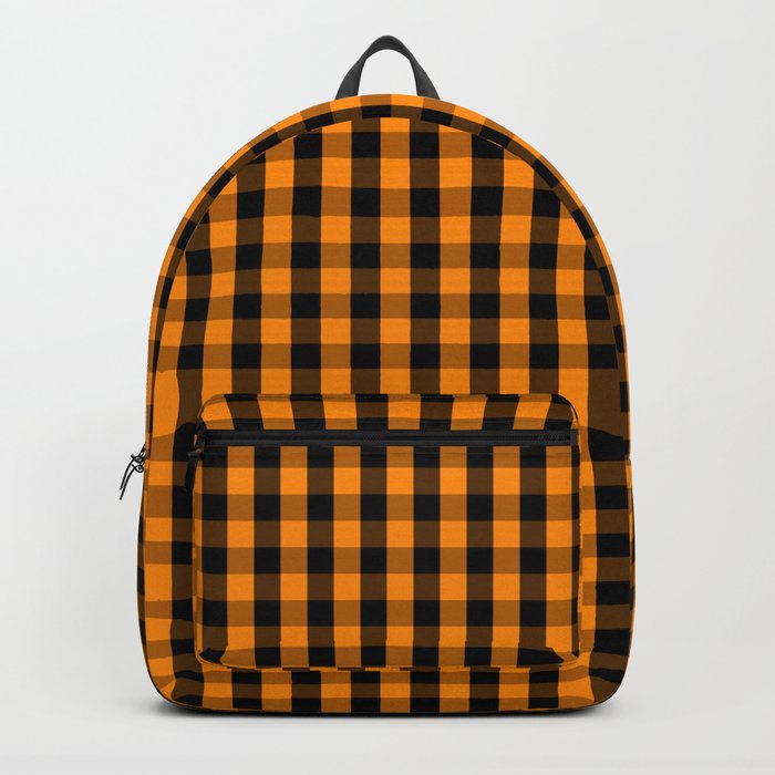 Large Pumpkin Orange and Black Gingham Check Plaid Backpack