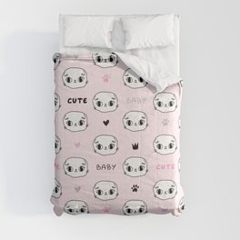 Cute pastel pink pattern with hearts paws crown cats text. Pets seamless background. Textiles Comforter