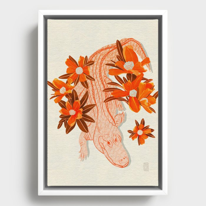 Alligator and Camellias Framed Canvas
