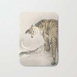 Tiger and Crescent Moon - Vintage Japanese Woodblock Print Bath Mat | Woodcut, Japanese, Ohara, Asian, Saber, Painting, Ukiyo E, Tigers, Wild, Luna 