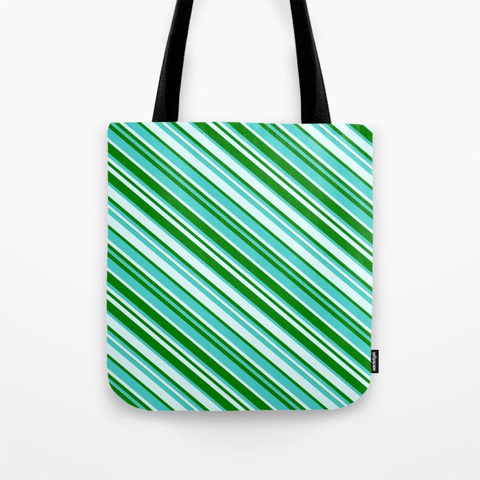 Green, Turquoise & Light Cyan Colored Lined/Striped Pattern Tote Bag