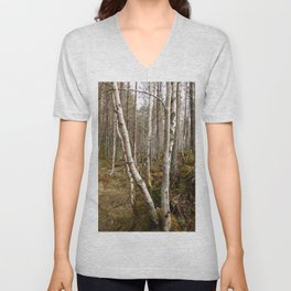 Birch and Pine Trees Growing Together in a Scottish Highlands Forest   V Neck T Shirt