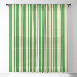 [ Thumbnail: Beige and Green Colored Lined/Striped Pattern Sheer Curtain ]
