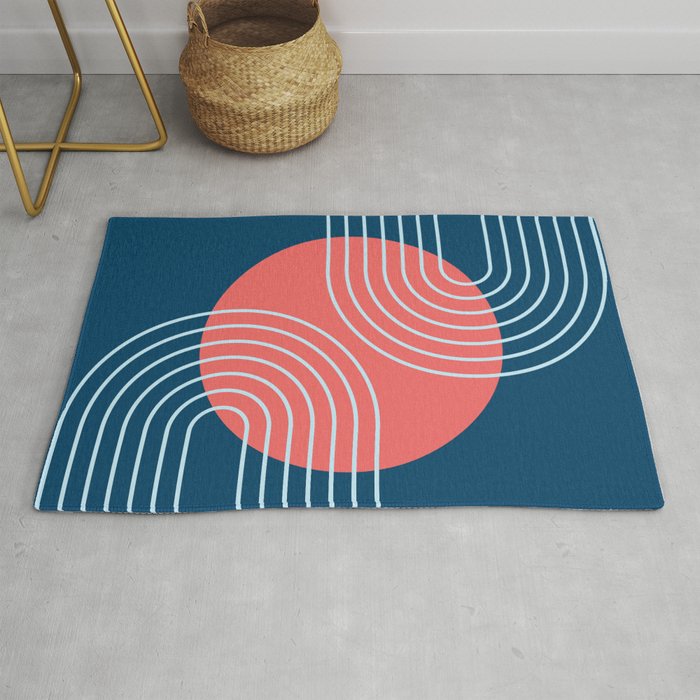 Mid Century Modern Geometric 181 in Midnight Blue Coral Rug by
