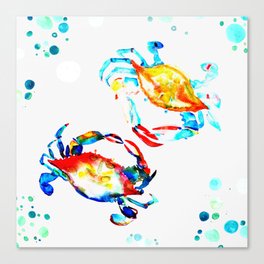 Blue Crabs + Sea Glass on the Shore Bright Watercolor Canvas Print