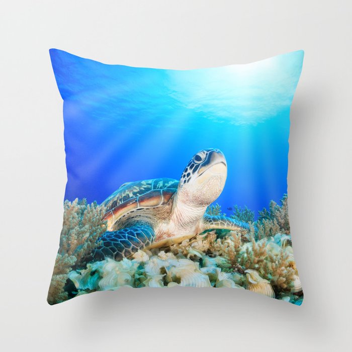 Green Sea Turtle In Tropical Coral Reef and Glowing Warm Sunbeams Animal / Wildlife / Coastal Nature Photograph Throw Pillow and More