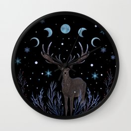 Deer in Winter Night Forest Wall Clock