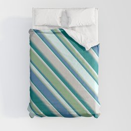 [ Thumbnail: Eye-catching Light Cyan, Light Grey, Dark Sea Green, Blue, and Teal Colored Striped Pattern Comforter ]