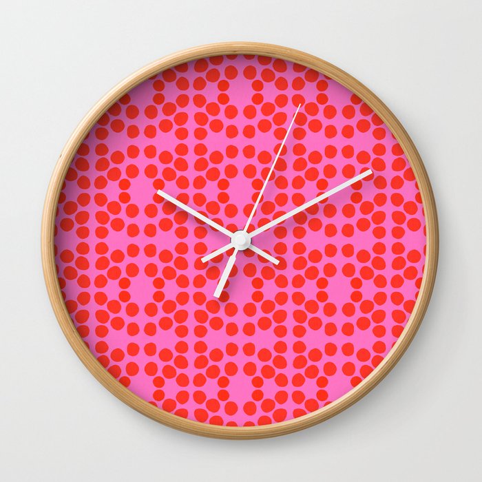 Big Red Dots On Hot Pink Eye Design Mid-Century Modern Scandi Bold Bright Polka Dots Pattern Wall Clock