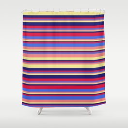 [ Thumbnail: Eye-catching Crimson, Royal Blue, Light Coral, Tan, and Midnight Blue Colored Striped/Lined Pattern Shower Curtain ]