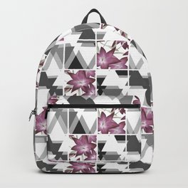 Pink lilies on grey triangles . Backpack