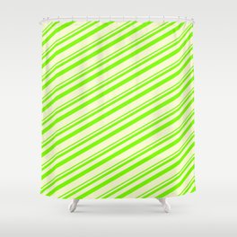 [ Thumbnail: Green and Light Yellow Colored Lined/Striped Pattern Shower Curtain ]