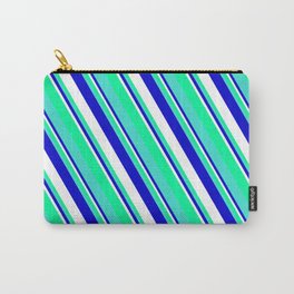 [ Thumbnail: Blue, White, Green, and Turquoise Colored Striped/Lined Pattern Carry-All Pouch ]