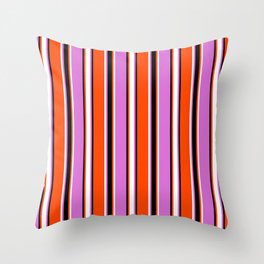 [ Thumbnail: Red, Black, Orchid, and White Colored Stripes Pattern Throw Pillow ]